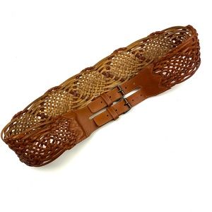 Vintage Betsey Johnson double buckle weaved brown leather belt size large